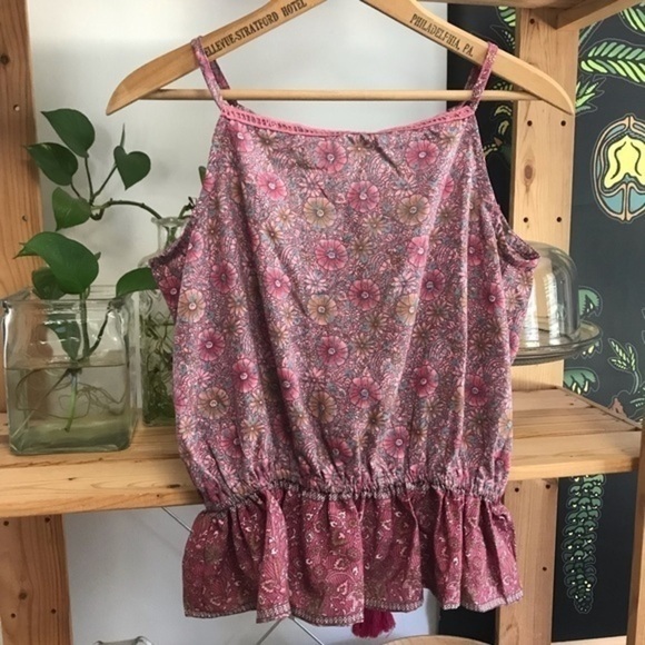 Raga Anthropologie Pink Floral Print Boho Tassel Tank Top - Picture 2 of 16